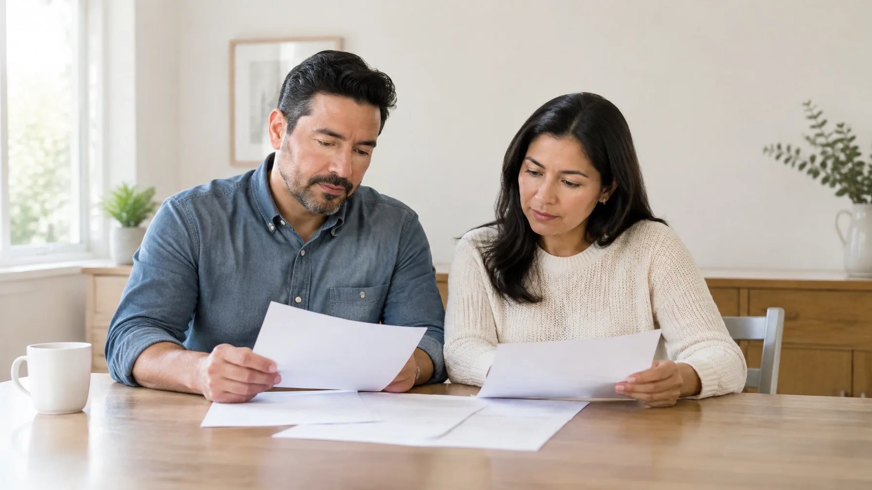 Husband and wife reviewing a letter and documents together at a table.